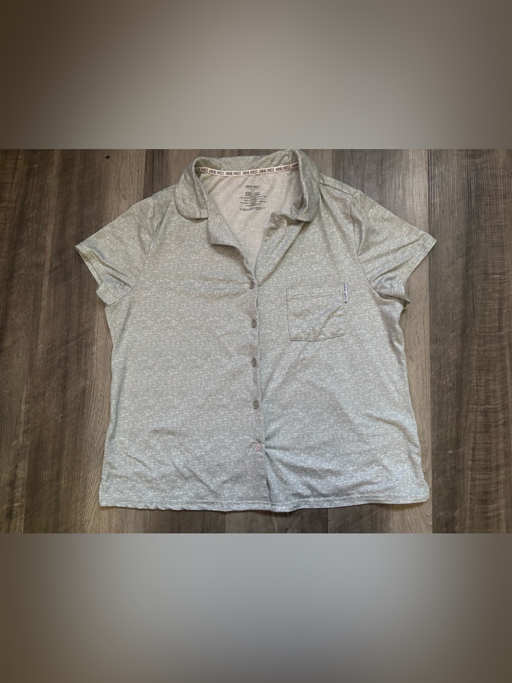 Nine West Women's L Gray Pajama Collared Button-Up Knit Top Short Sleeve Stretch